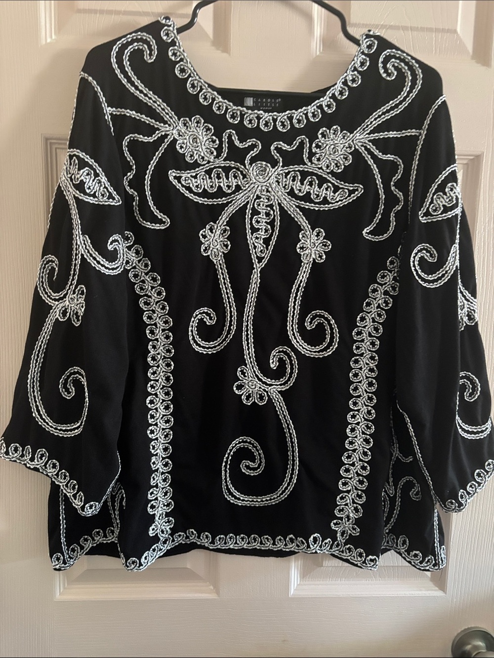 Black Embroidered Tunic Top with White Scrollwork